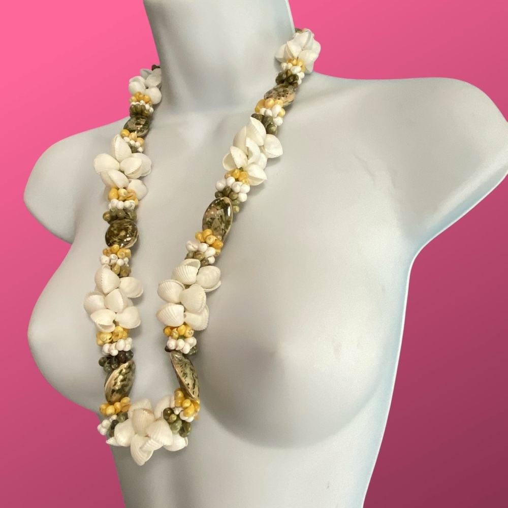 Seashell Lei Necklace Green Ribbon Tie Natural Hand Crafted Hawaiian Beachy Vibe